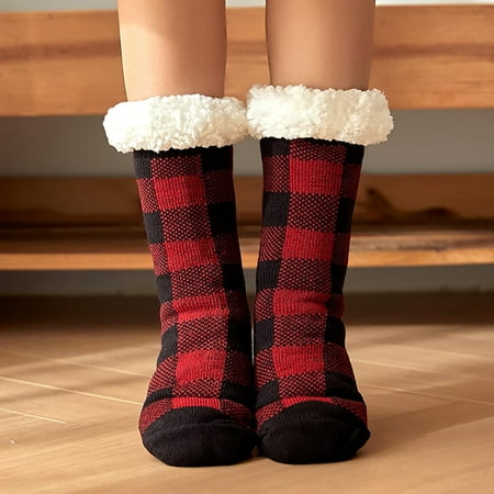 

Pxiakgy fall clothes for women 2022 Women s Plaid Floor Socks Thicken Warm Sleeping Socks Slippers Fuzzy Socks Red + One size