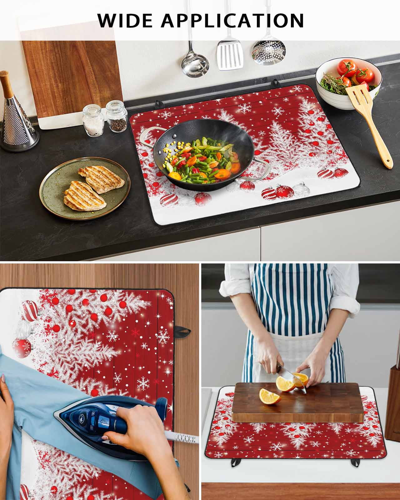 Large Induction Cooktop Protector Mat Red Christmas Stove Top Covers for Electric Stove, Snowflake Xmas Tree Ball Wooden Winter Decorative Stove Burner Cover Mats, Glass Top Stove Cover