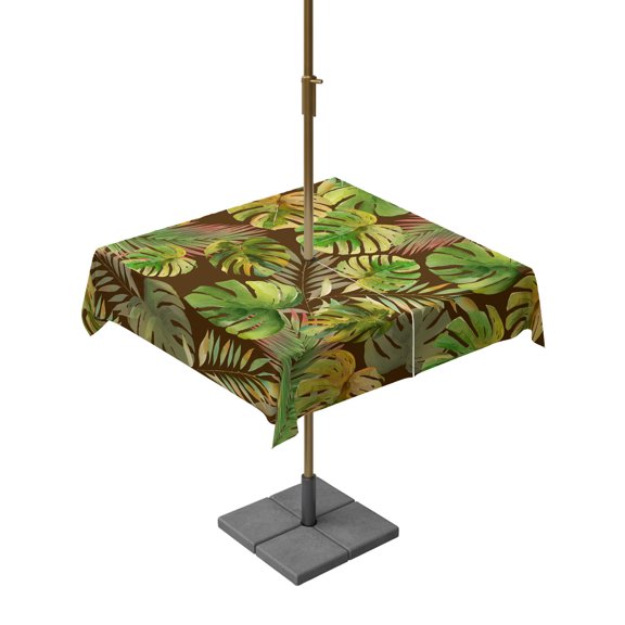 Square Outdoor Tablecloth with Umbrella Hole Green Leaves Outside Table Cloth Waterproof Patio Table Cover Tropical Summer Botanical Watercolor Zipper Tablecloths for Picnic Party Camping 54x54 Inch
