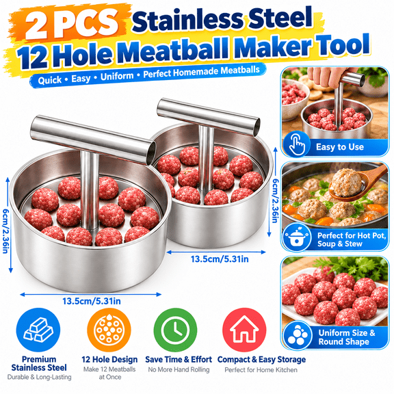 2 PCS Stainless Steel 12 Hole Manual Meatball Maker Tool, Meatball Press Meatball Shaper, for Homemade Uniform Beef Pork Fish Balls, Practical Home Cooking Kitchen Gadget, Akmoler