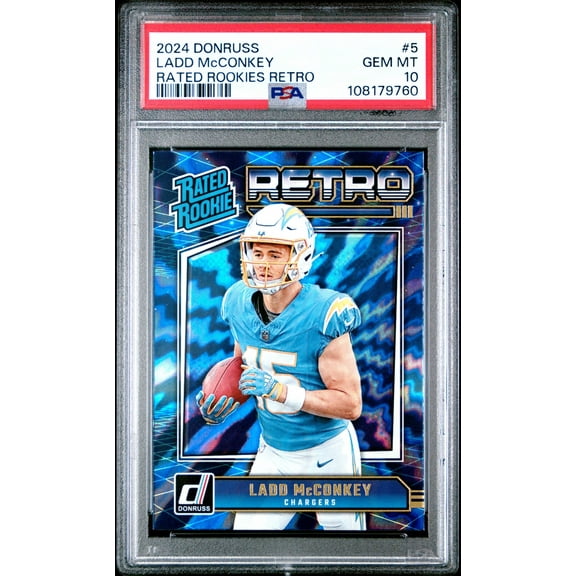 Graded 2024 Panini Donruss Ladd McConkey #5 Rated Rookies Retro Rookie RC Football Card PSA 10 Gem Mint