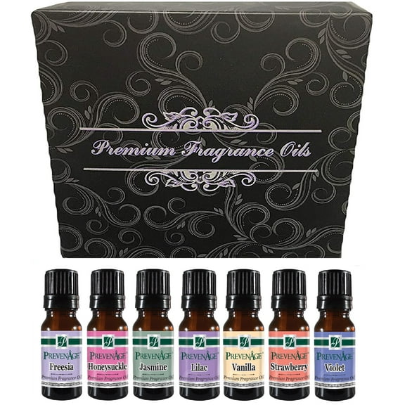 Fragrance Oil Aromatic Scented Perfume Oil Gift Set of 7 - Freesia, Honeysuckle, Jasmine, Lilac, Vanilla, Strawberry and Violet -  ( 7 x 10 ml ) by Prevenage Made In USA