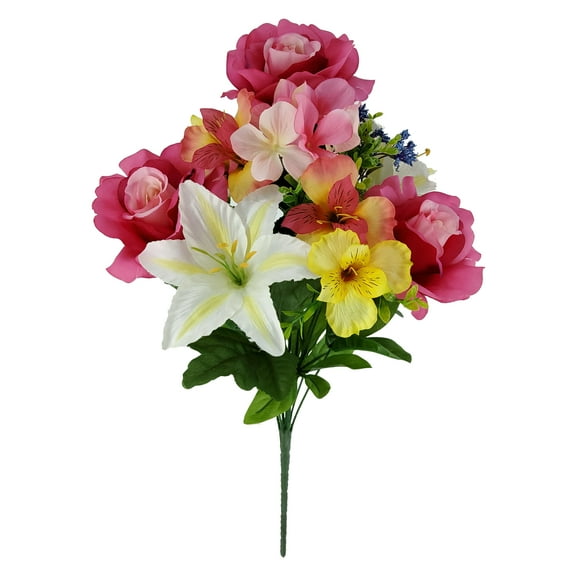 Mainstays 21.5in Outdoor Artificial Cemetery Floral Bouquet, Rose and Lily, Pink and White Color.