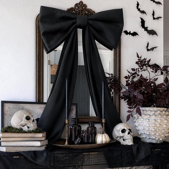 Black Bow Halloween Decoration, 42*24 inch Large Giant Fabric Bow Ornament for Wall Mantle Front Door Window Kitchen, Spooky Festive Hanging Decor for Halloween Holiday Party(Black)