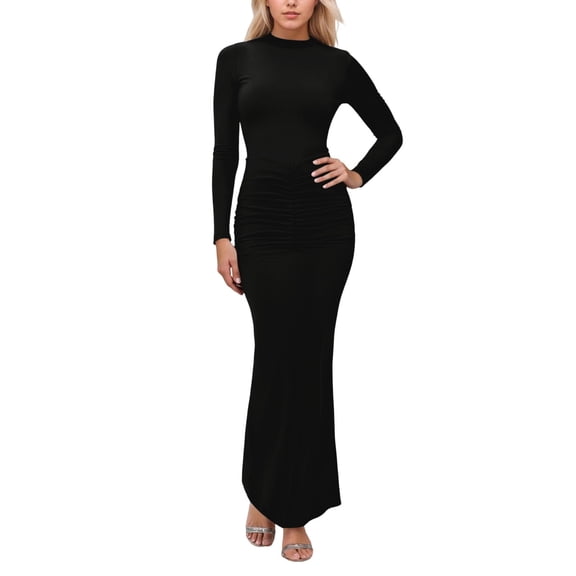 Women Long Sleeve Bodycon Maxi Dresses Solid Elegant Stand Collar Slim Fit Wedding Party Dress Black XL