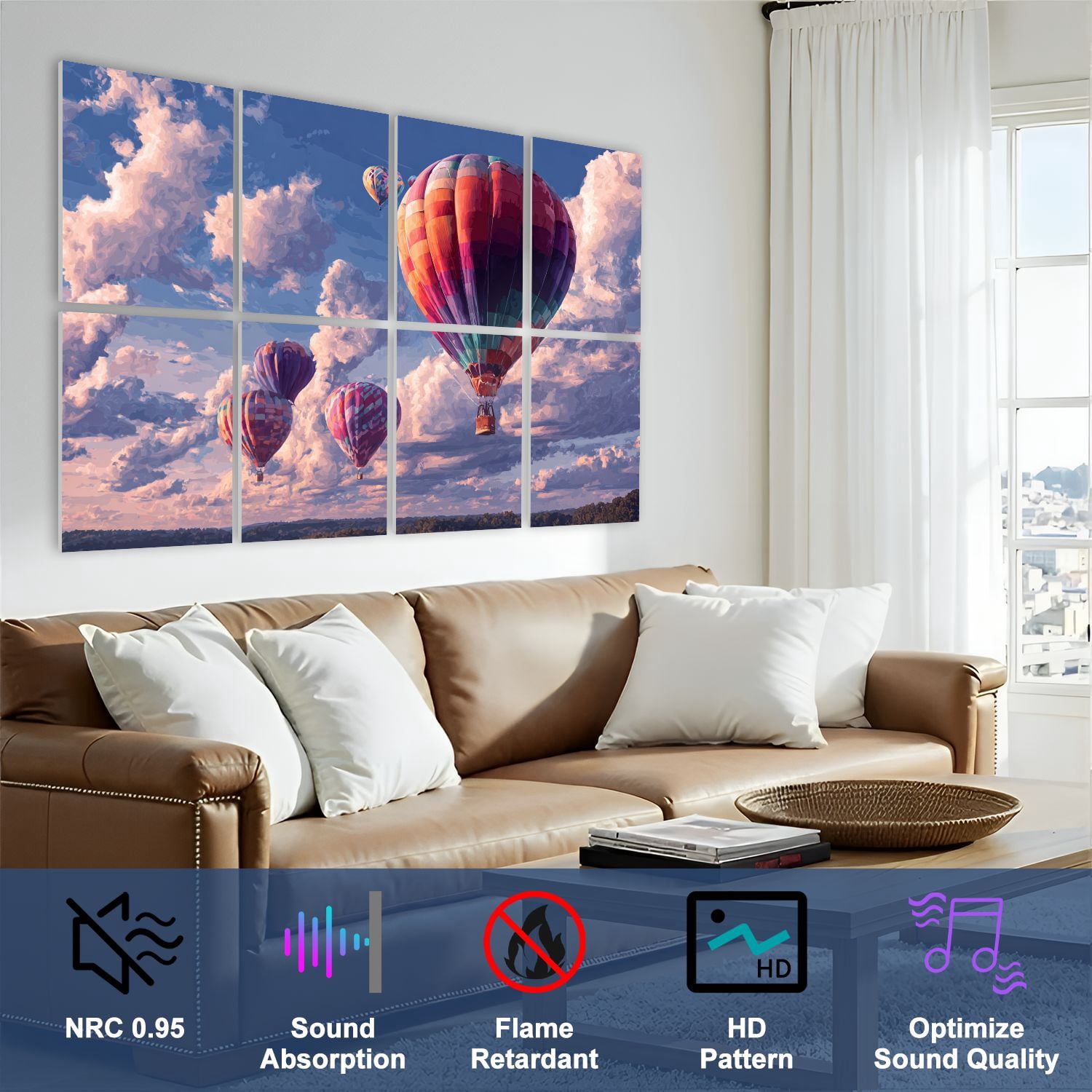 8 Pack Art Acoustic Panels Sound Absorbing Cheerful Hot Air Balloons Decorative Soundproof Wall Panels Self Adhesive for Nursery Game Room Bedroom 48"x32"