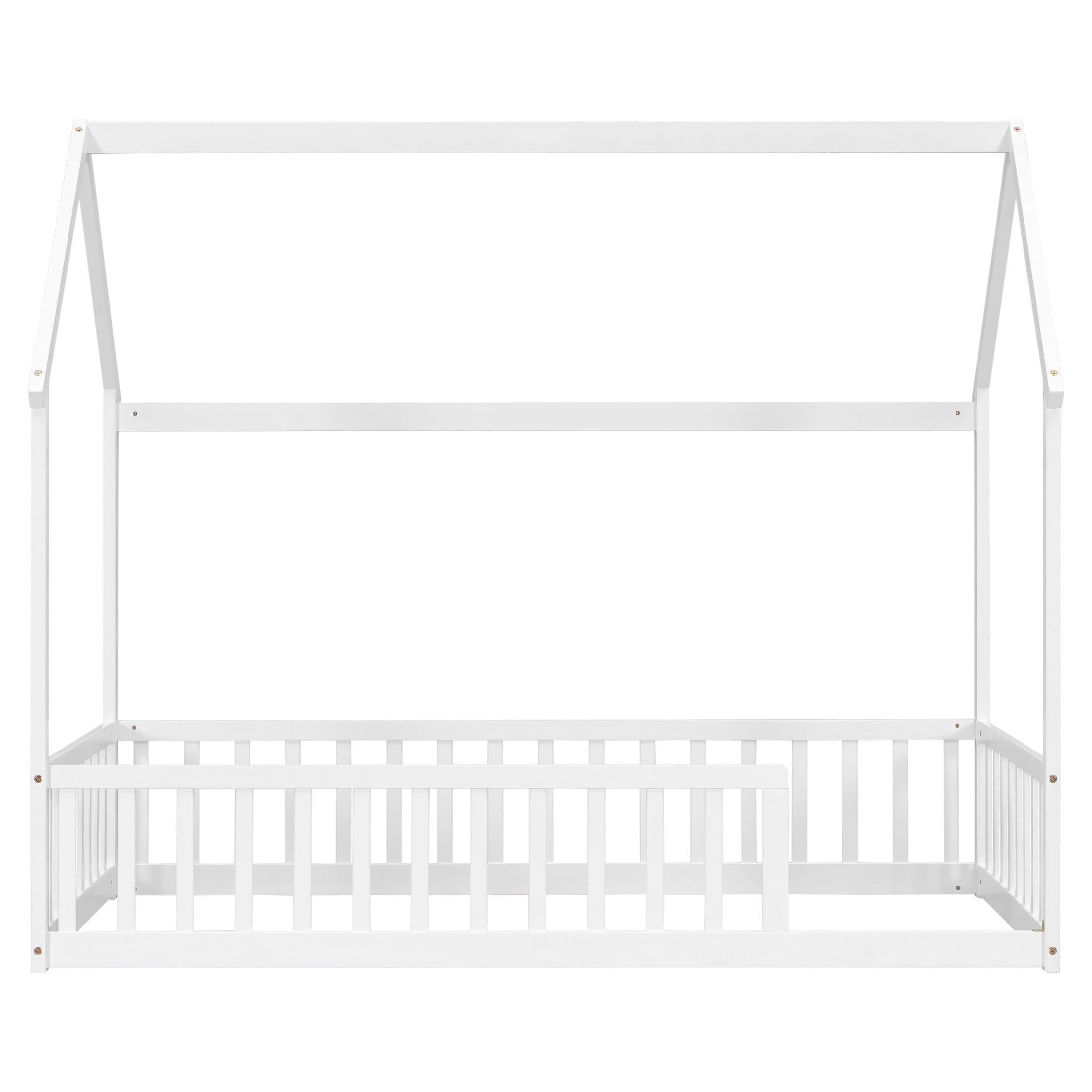 Noble House Morde Twin Size House Floor Bed with Gable Roof Frame & Safety Guardrails, Pine Wooden Bed Frame, White