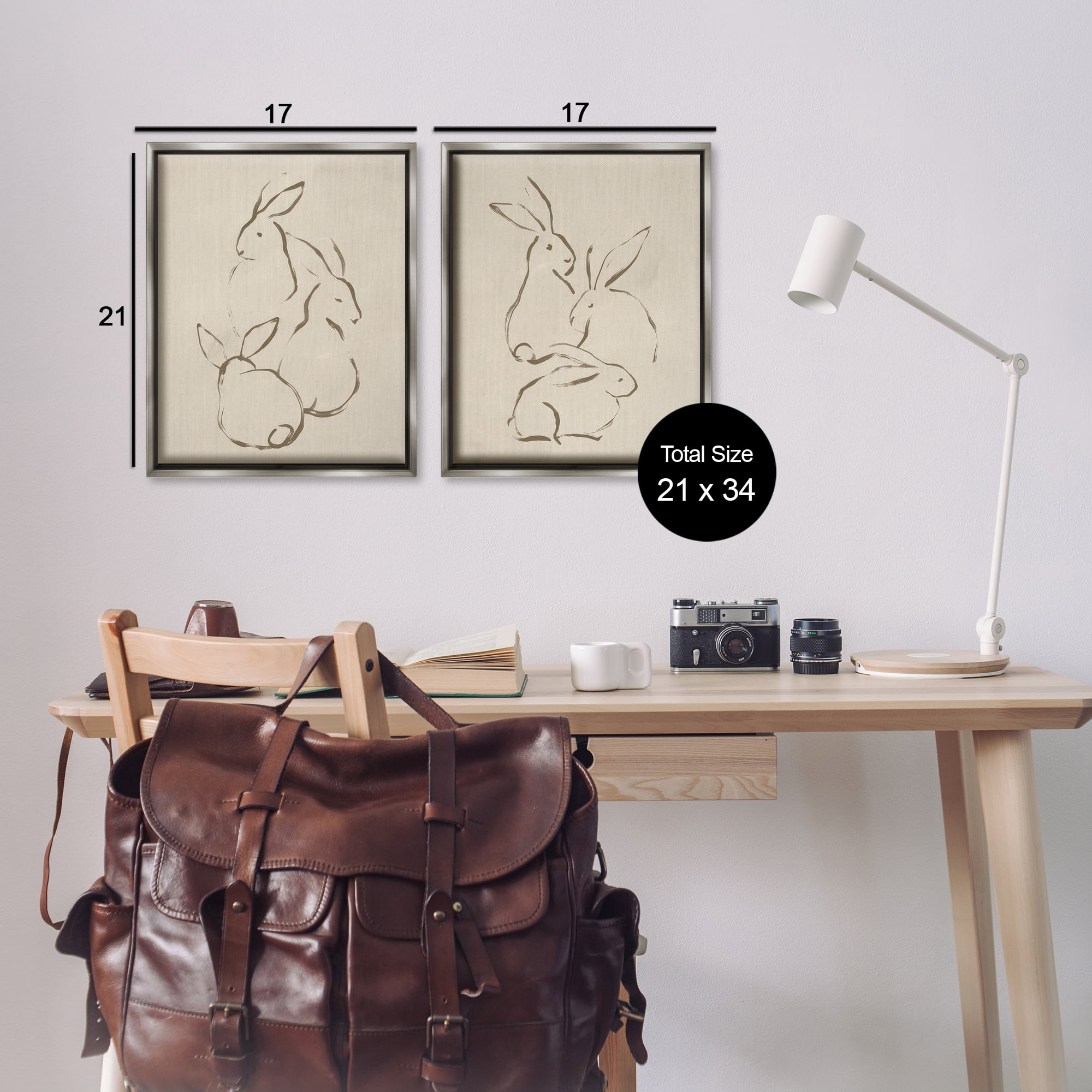 Stupell Industries Earthtone Sitting Rabbits Sketch Animals Drawing Gray Floater Framed Canvas Art Print Wall Art, 17 x 21, Set of 2