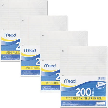 - Mead Filler Paper, Wide Ruled, 3-Hole Punched, 10-1/2 x 8, 200 Sheets Per Pack, 4-Pack