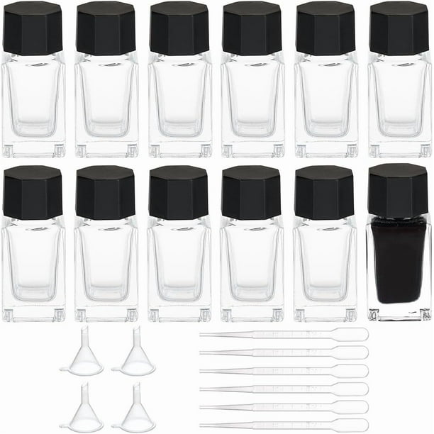 12 frascos de tinta de vidrio resistentes de 18 ml (0,61 oz) con tapas de plástico negras, 6 goteros de plástico y 4 embudos para tinta líquida.