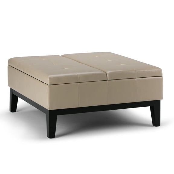 Dover 36 inch Wide Contemporary Square Coffee Table Storage Ottoman in Satin Cream Vegan Leather