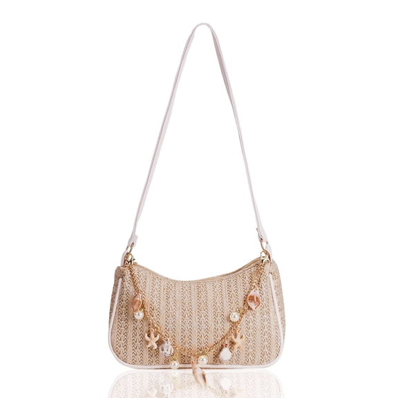 Gustave Women's Woven Straw Shoulder Bag Beach Small Underarm Tote Purse Boho Hobo Handbag with Seashell Pearl Beaded Chain for Summer Casual Vacation - Khaki