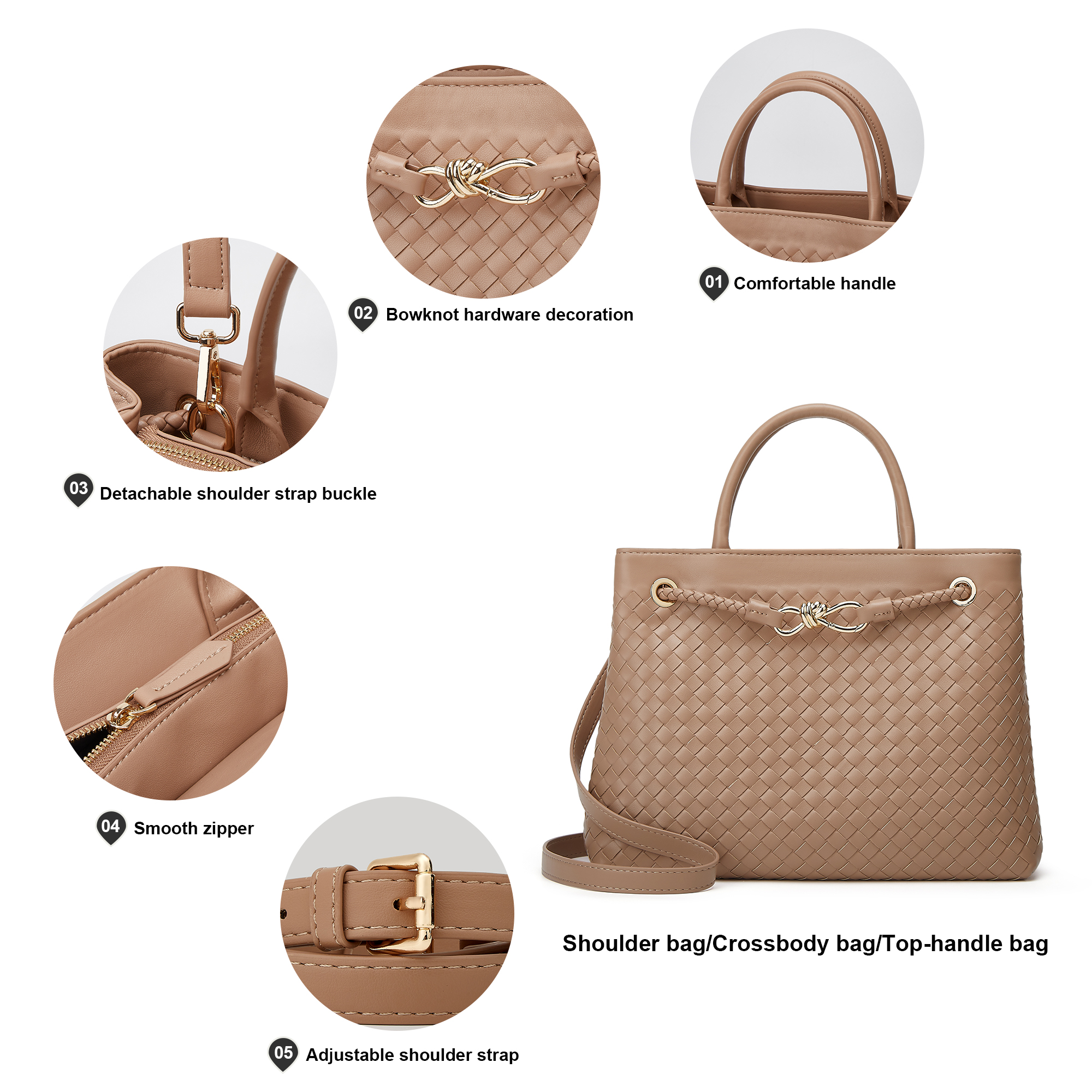 Woven Bag for Women Shoulder Purse: Vegan Leather Handbag - Handmade Tote Bag - Elegant Satchel Bag with Bowknot (Khaki Color)