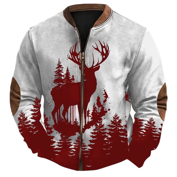 Telankuip Zipper up Christmas Sweatshirts for Men Fashion Xmas Graphic Print Full Zip Sweatshirt Jackets Long Sleeve Patch Stand Collar Loose Fall Winter Warm Pullover Tops Red XL