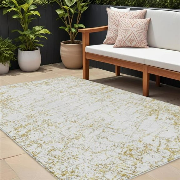 HomeRoots 578073 8 x 10 ft. Abstract Washable Indoor & Outdoor Rectangle Area Rug, Gold & Ivory