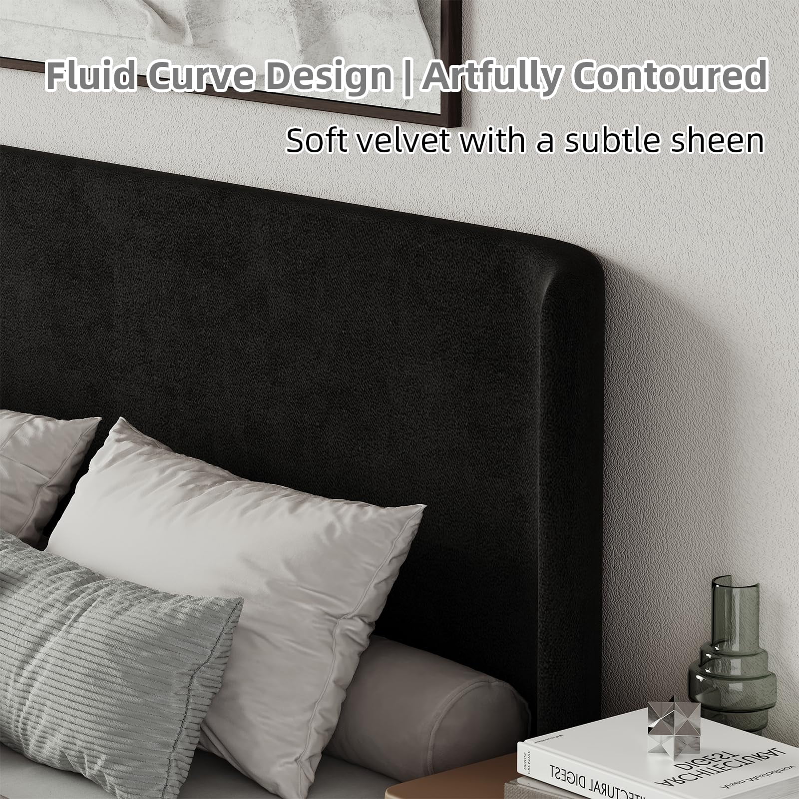 4 Ever Winner Full Size Velvet Bed Frame, Curved Upholstered Platform Bed with Curved Headboard & Footboard, No Box Spring Needed, Noise-Free Modern Bed Frame for Bedroom, Black