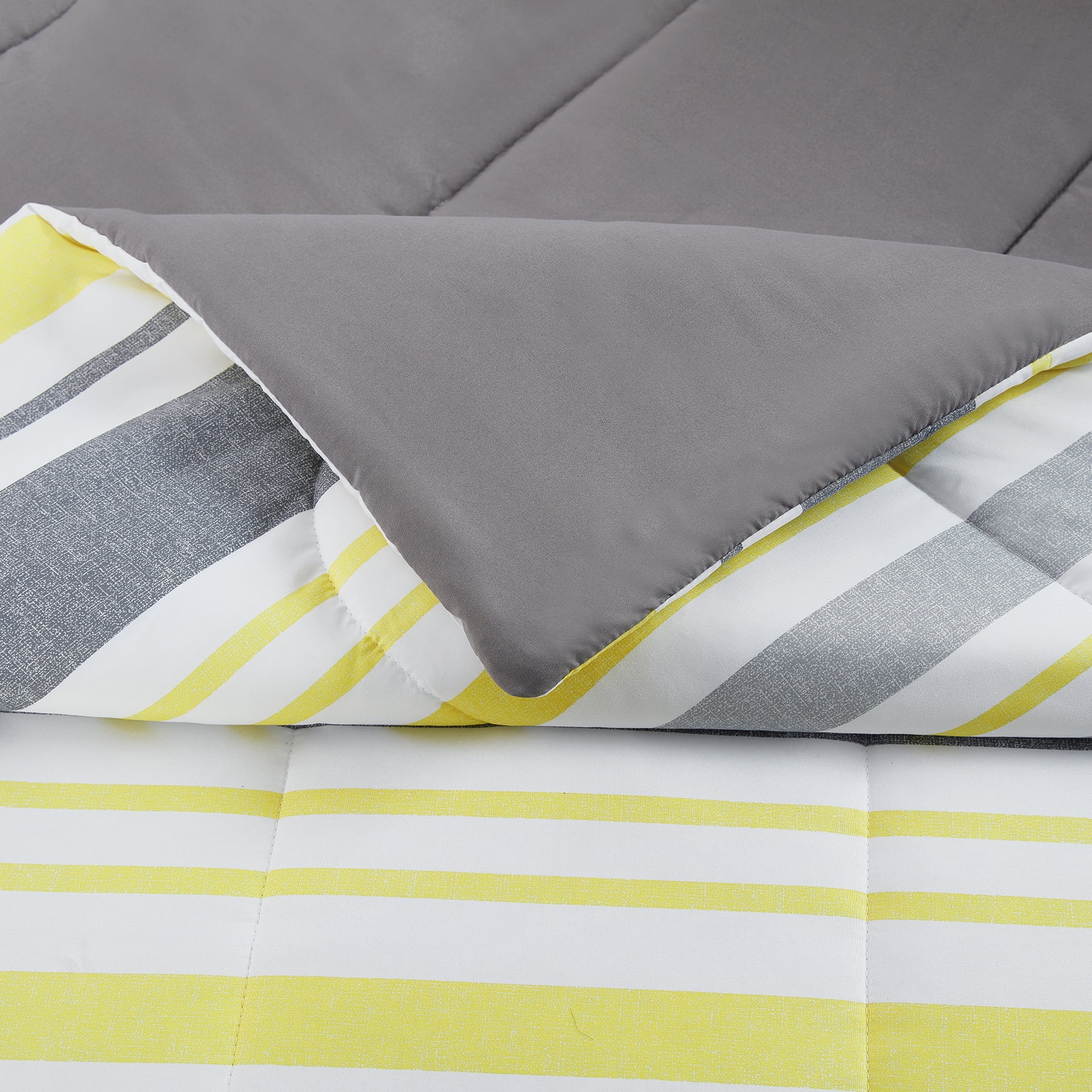 Mainstays 8-Piece Bed-in-a-Bag Comforter Set with Sheets, Gray and Yellow Stripe, Full