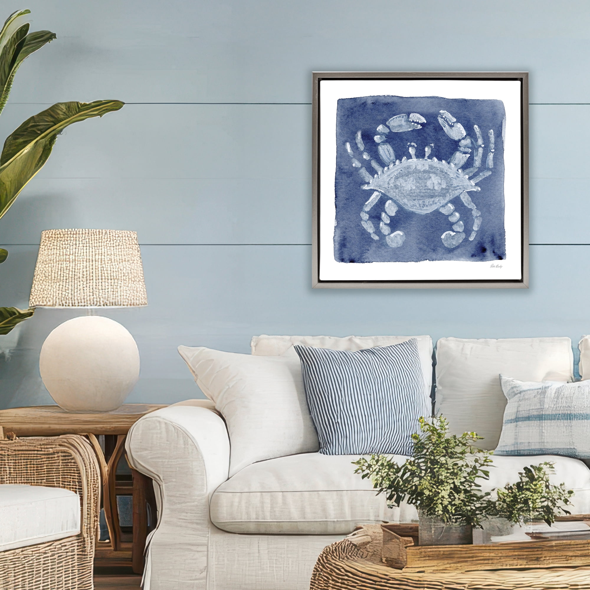 Stupell Industries White Crab on Indigo Gray Framed Floater Canvas Wall Art, design by Patti Bishop