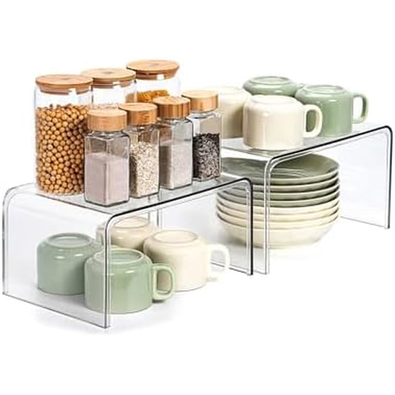 Clear Cabinet Organizer, Shelf Organizer Set of 2 for Kitchen Pantry Organizers and Storage, Display Cabinet Shelf Room Decor Countertop Desk Shelves, Patented Spice Organization for Cabinet