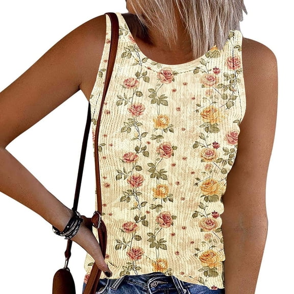 Nfurl Ribbed Tank Tops for Women Cute Floral Printed Crewneck Sleeveless Blouses Dressy Casual Summer Tank Tops Fitted Ladies Sleeveless Shirts Multicolor,XXL