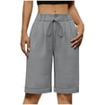 thumbnail image 2 of Women's High Waist Bermuda Shorts, Pleated Front Drawstring Casual Long Shorts with Pockets, Comfortable and Versatile for Work, Travel and Summer Wear Gray XL, 2 of 6