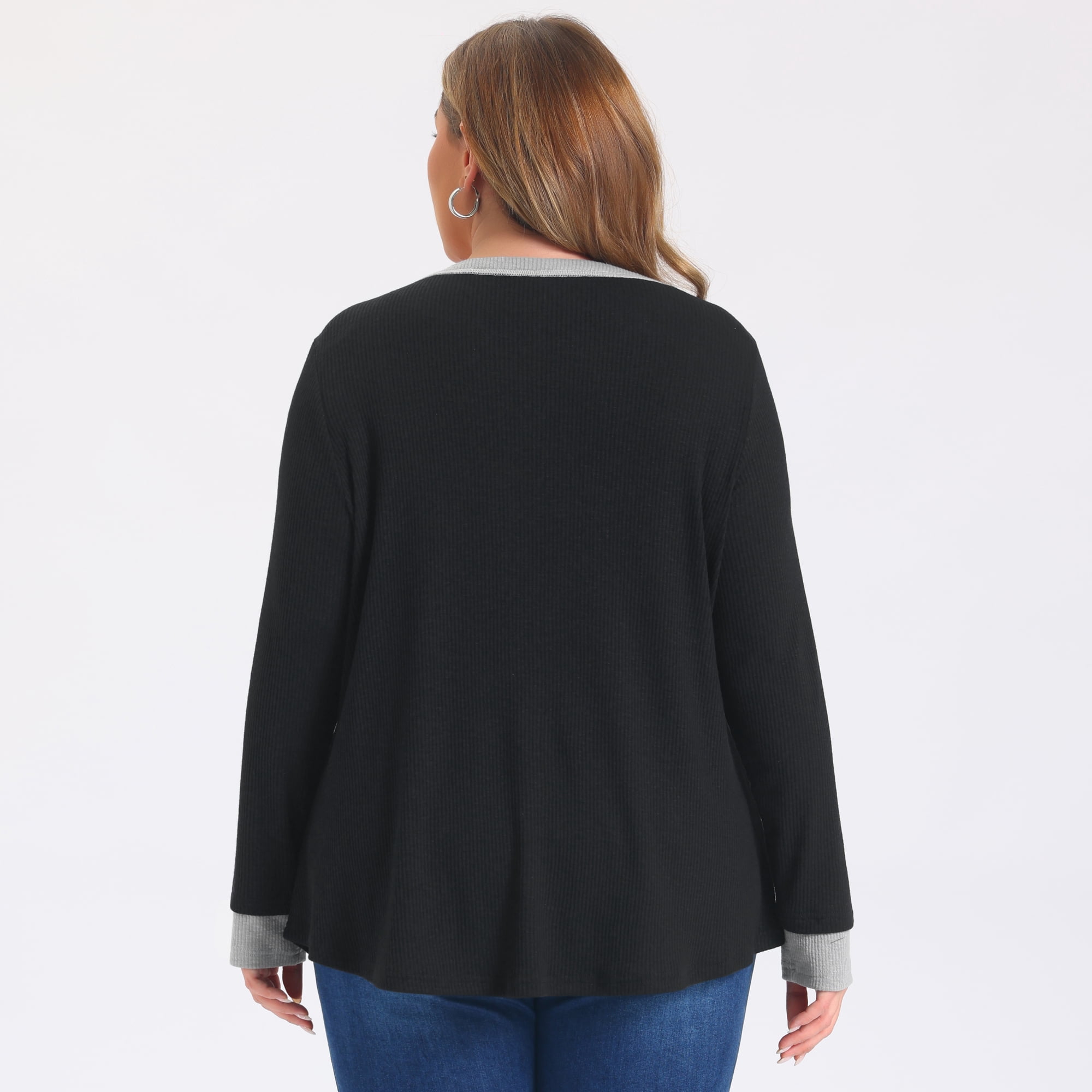 DARING DIVA Women's Plus Ribbed Knit Contrast Color Button Crew 1X Black