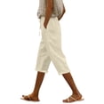 thumbnail image 2 of Pouno Women's Linen Capri Pants High Waist Drawstring Waistband Rolled Cuff Pants Casual Errands Soft Breathable Loose Straight Leg Pants Gift, 2 of 6