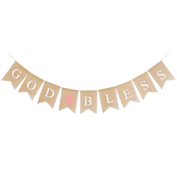 2.8 Meters GOD BLESS Letters Burlap Forked Tail Banners Garland Bunting Flags For Baby Shower Birthday Christening Baptism Party Decoration Favors (Brown And Pink)