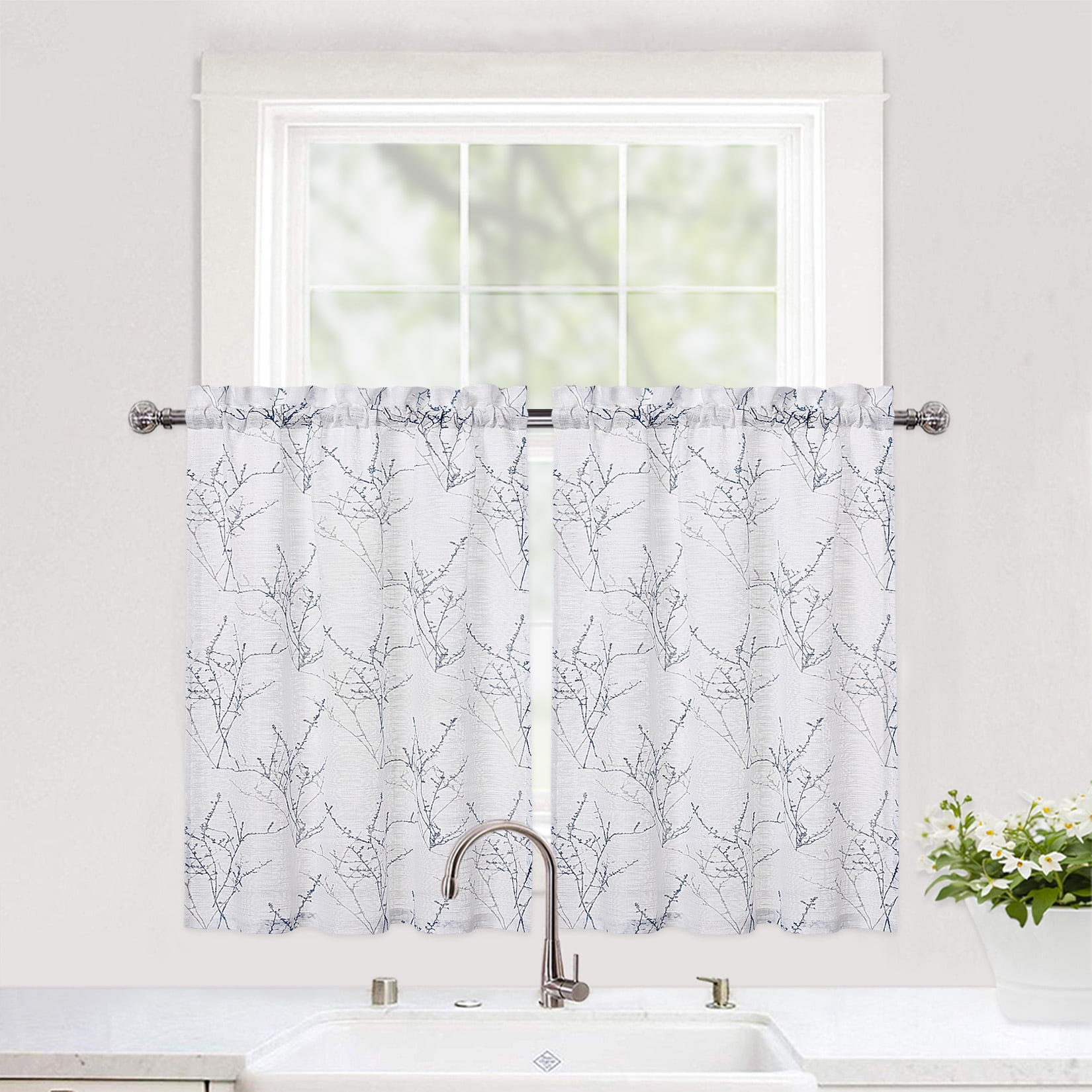 Shininglove SemiSheer Cafe Curtains 36 inches Length, Tree Branches