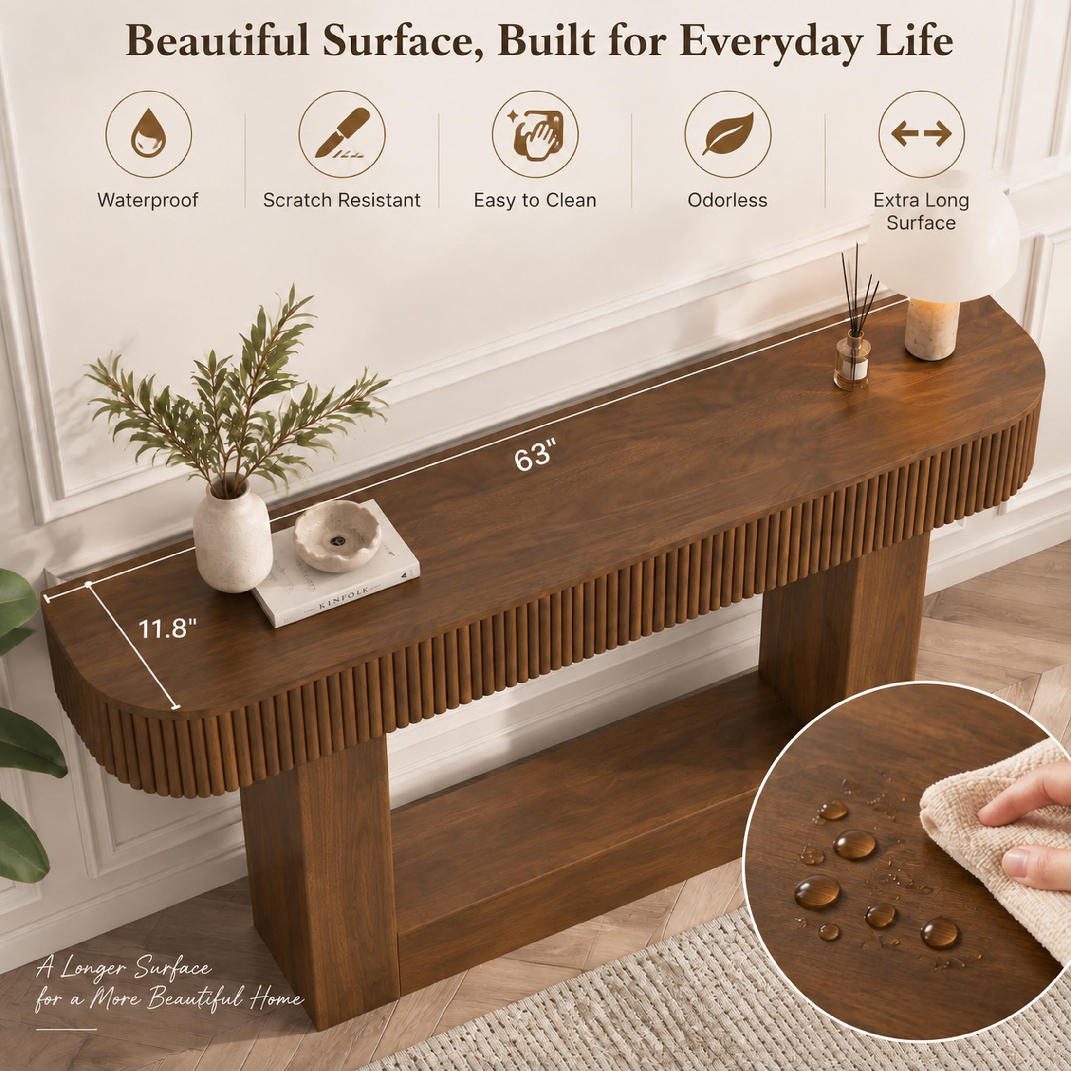 PORKISS 62.9" Console Table with Open Storage, Narrow Long Entryway Table with Rounded Edges, Fluted Sofa Table for Living Room, Hallway, Foyer, Behind Couch, Brown A