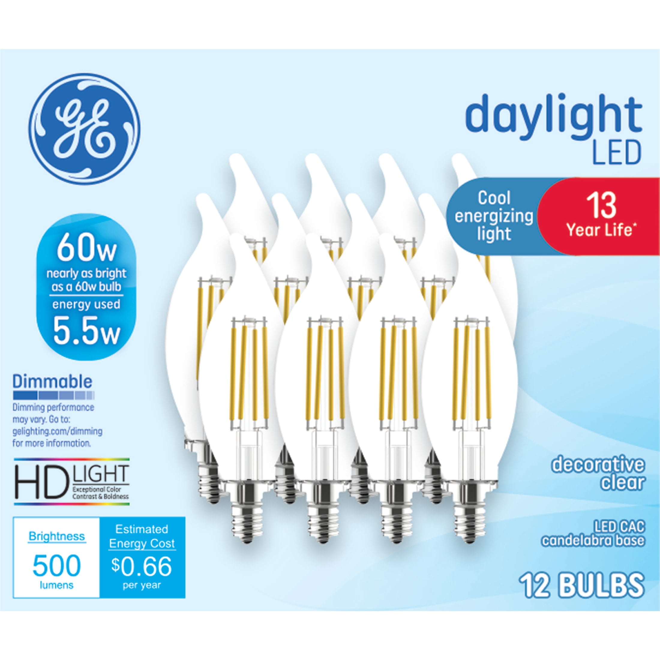 GE LED Light Bulbs, 60 Watt Replacement, Daylight, CA11 Decorative Candle Bulbs, 12pk