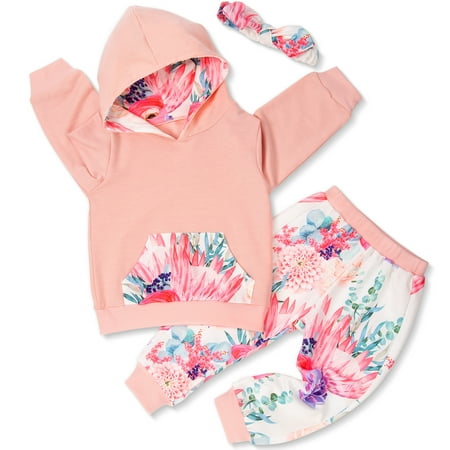 

Synpos Baby Girl Outfit Kangaroo Pocket Hooddie+Pants+Headband Toddler clothes Pack of 3