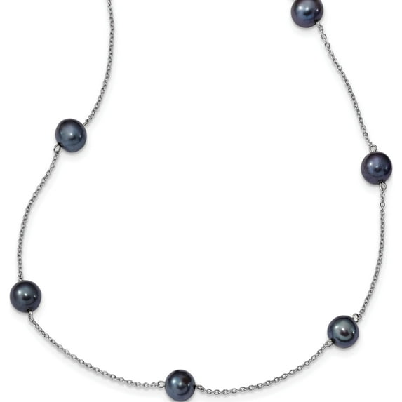 Sterling Silver Rh 7-8mm Black Fwc Pearl 9 Station Necklace (18 X 7.25) Made In Canada qh5421-18