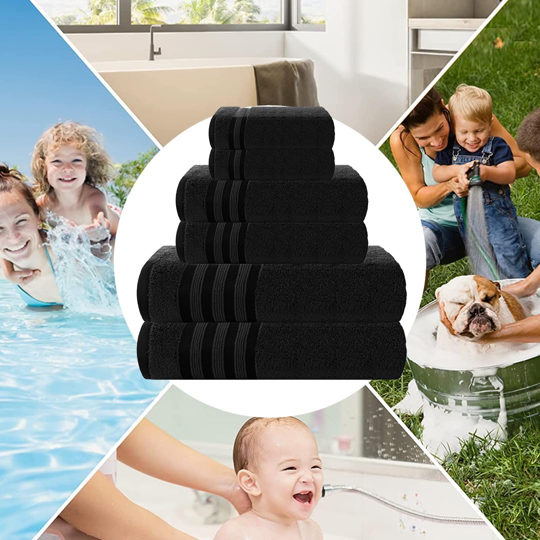 Casa Copenhagen Zero Twist, 6Pieces 100% Cotton Towel Set- Black, 600 GSM, 2Bath, 2Hand, 2Washcloths made from Egyptian Cotton, Ultra Soft Luxury Towels for Hotel Spa Kitchen Bathroom & Shower