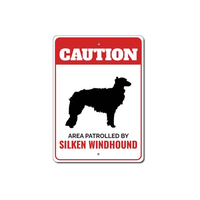 Señal de metal de precaución con el nombre de Silken Windhound, para perrera, raza de perro, tamaño de pata canina: 8 x 12 pulgadas