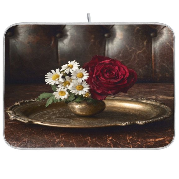 Iauyy Dish Drying Mat for Kitchen Counter, Super Absorbent & Hanging 16x18 / 18x24 Inch (S/M) The White Daisy