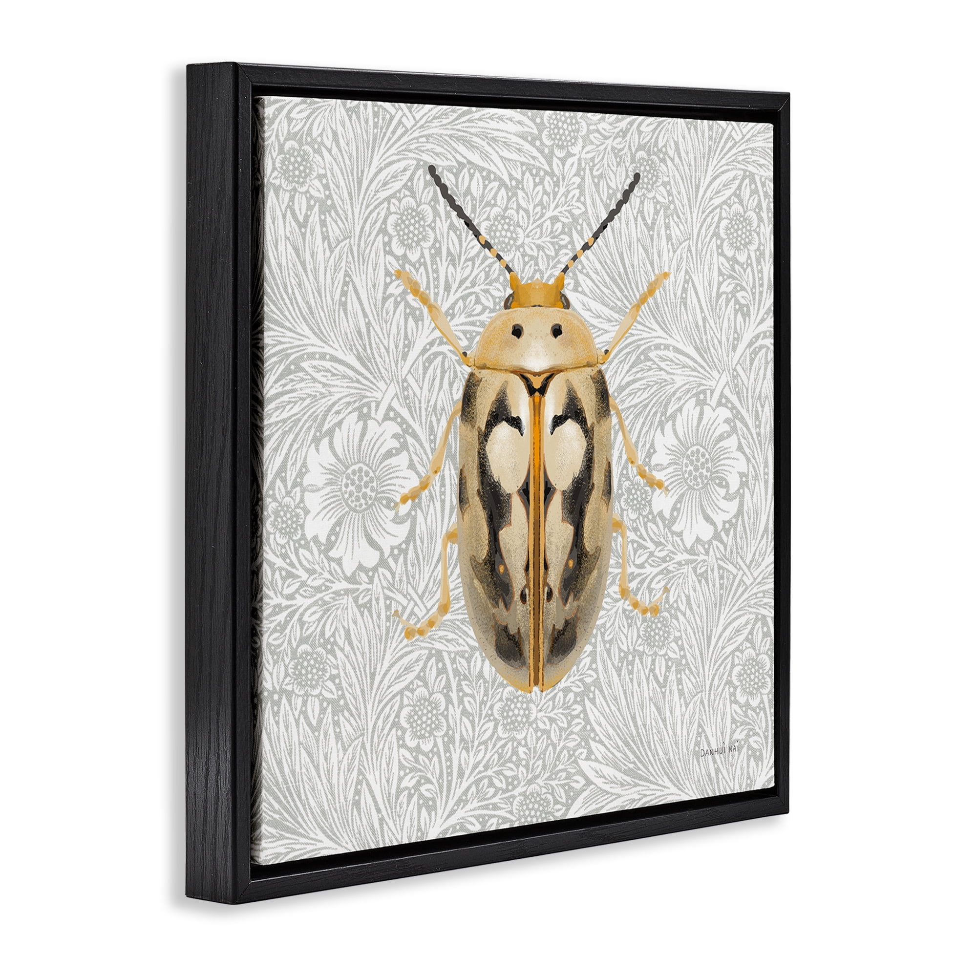 Stupell Industries Vintage Beetle Floral Pattern Animals & Insects Painting Black Floater Framed Canvas Art Print Wall Art, 18 x 18