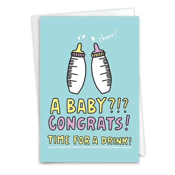 NobleWorks Funny Baby Greeting Card with 5 x 7 Inch Envelope (1 Card) Shower, Announcement Bottle Time C7854BBG