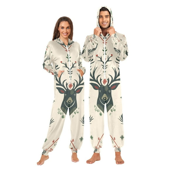 Christmas Reindeer Adult Onesie Pajamas Slim Fit Christmas One Piece Suit Pjs for Women and Men Hooded Zipper