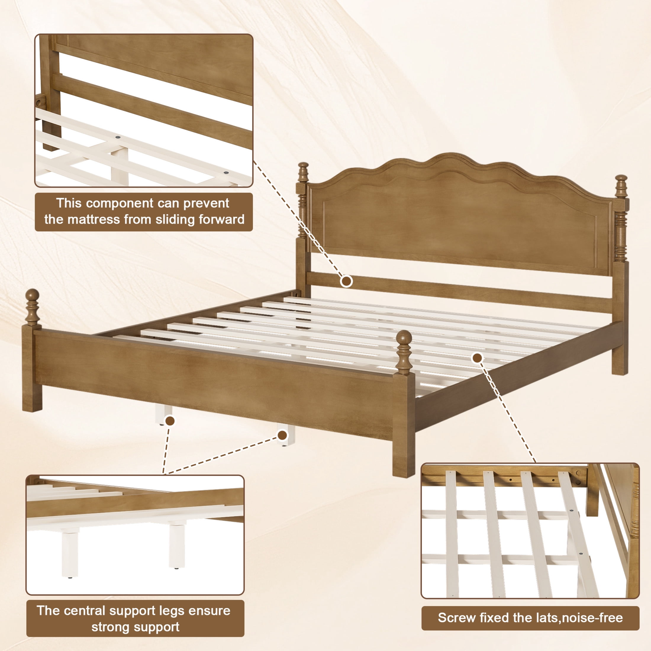 Noble House King Size Wood Platform Bed with Curved Headboard, Spindle Posts, Dark Oak