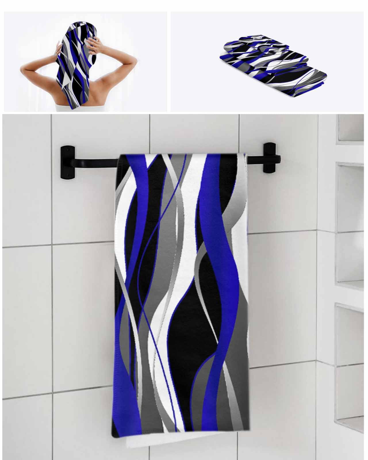 Blue Stripe Bath Towels for Bathroom Set,Luxury Microfiber Towels Gifts for Women,Beach Kitchen Hand Hair Face Towel and Dish Washcloth,Ombre Grey Moire Geometric Modern Abstract Towels+Set