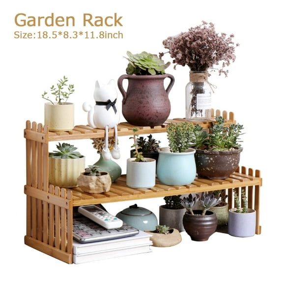 Desktop Natural Bamboo Plant Stand 2-layer Desktop Shelf