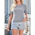 thumbnail image 6 of Womens Summer Short Sleeve Cardigan Cable Knit Cropped Button Down Crewneck Sweater Tops Light Gray XL, 6 of 7