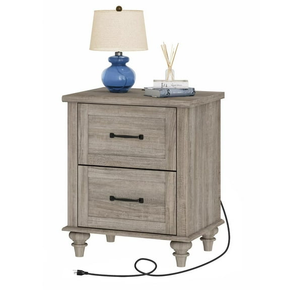Side Table with 2 Drawers, Farmhouse End Table with Charging Station, Wooden Nightstand for Bedroom & Living Room, Grey