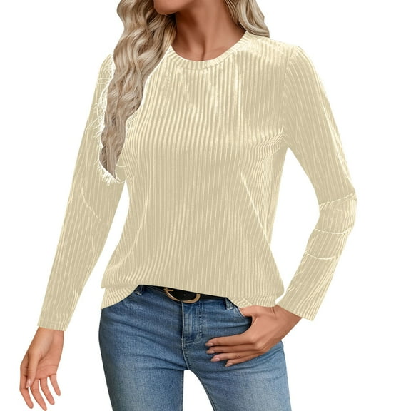 ZHYou Women Long Sleeve Tee Shirts,Crew Neck,Vertical,Striped,Textured,Soft Casual T-Shirts,Stretchy Slim Fit Tops,Beige,Size L