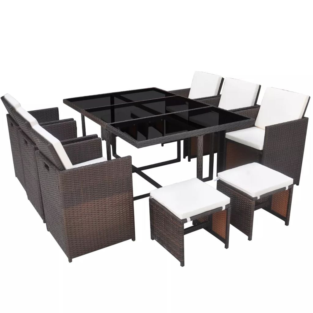 Kepooman 11 Pcs Patio Rattan Dining Table Sets with Glass Table for Outdoor Garden, Brown