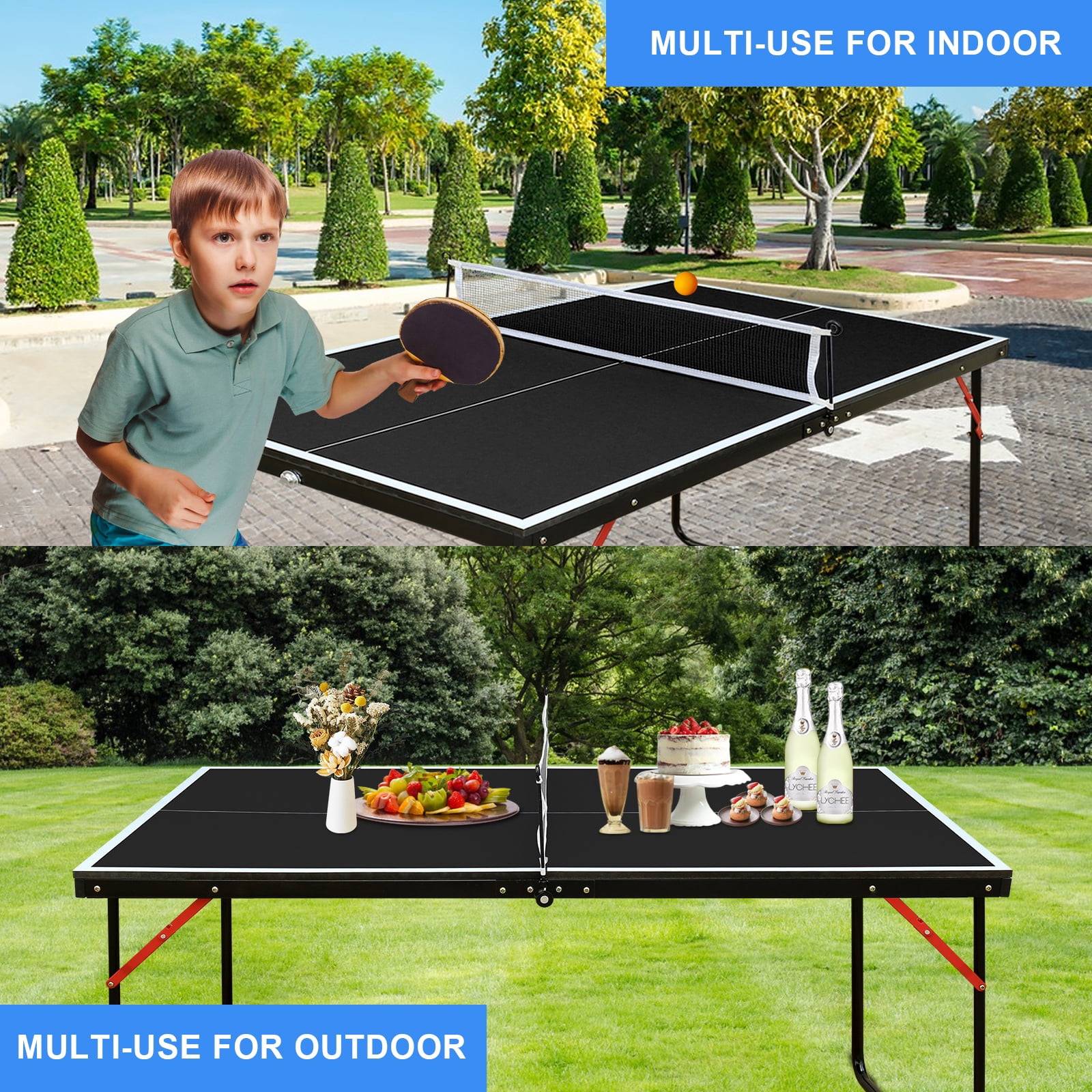 4.5FT Outdoor Table Tennis Table, SHINPT Mini Ping Pong Table with Net, Foldable Ping Pong Table with 2 Paddles and 3 Balls, Folding Game Table for Indoor/Outdoor, Table Game for Adults for Backyard