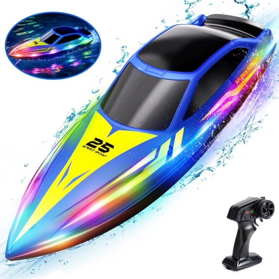 JoyStone 10 Inch RC Boat with 7-Mode Colorful LED Lights, 3 Speed Modes, 2 Batteries 60Mins, Pool Toys for Adults & Kids