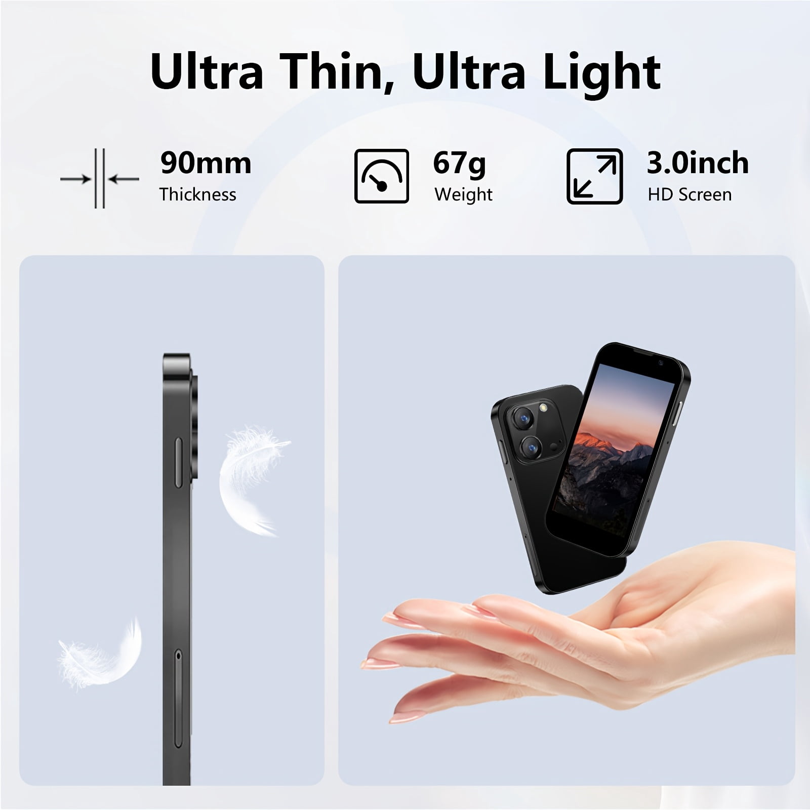 Mini Smartphone Unlocked 3.0" HD Touch Screen Android Phone | Quad-Core Dual SIM Face ID 2GB+16GB Black, Includes Case, Cable, Screen Protector, Ideal Gift