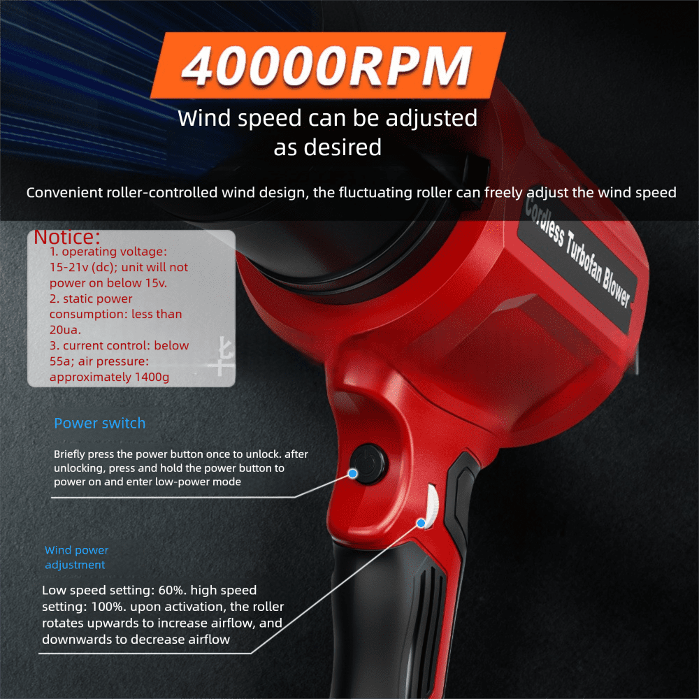 40000PRM For Bos*ch 18V Li-ion Battery Adjustable, Free Nozzle, Portable Fan Jet Turbo Blower Lightweight Design for Leaves,Dust Snow,Lawn Care,Patio Cleaning